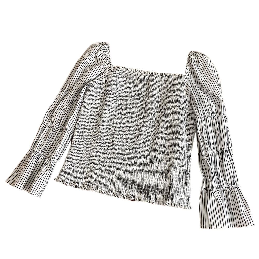 Venus Striped Blouse size Large Shirred Long Sleeve Grey White